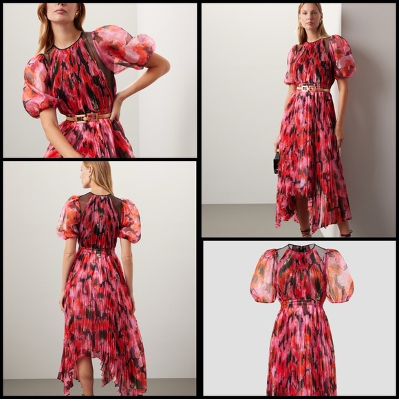 Bibhu Mohapatra Collective Pleated Floral Chiffon Hi-lo Hem Elegant Dress 2 - Picture 1 of 16